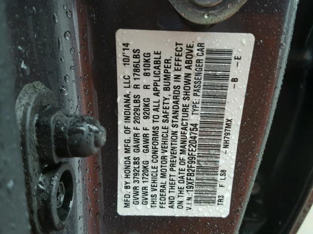 19XFB2F99FE204754 - 2015 HONDA CIVIC EXL GRAY photo 10