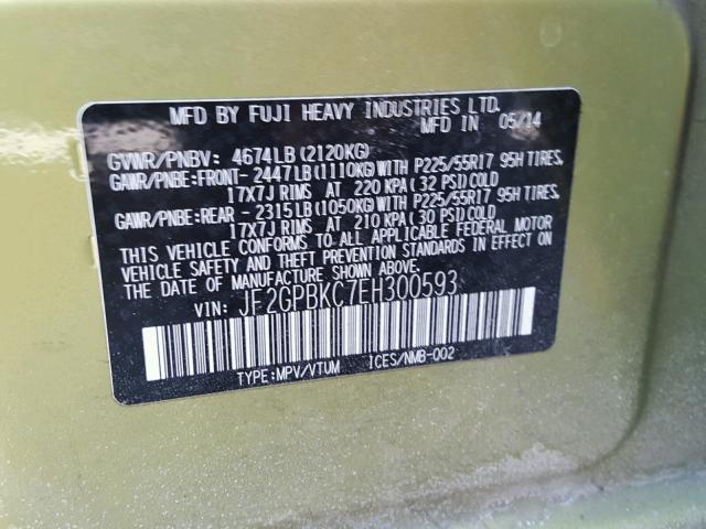 JF2GPBKC7EH300593 - 2014 SUBARU XV CROSSTR GREEN photo 10