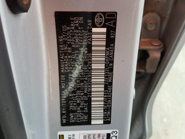 2T1KR32E95C429336 - 2005 TOYOTA COROLLA MA SILVER photo 10