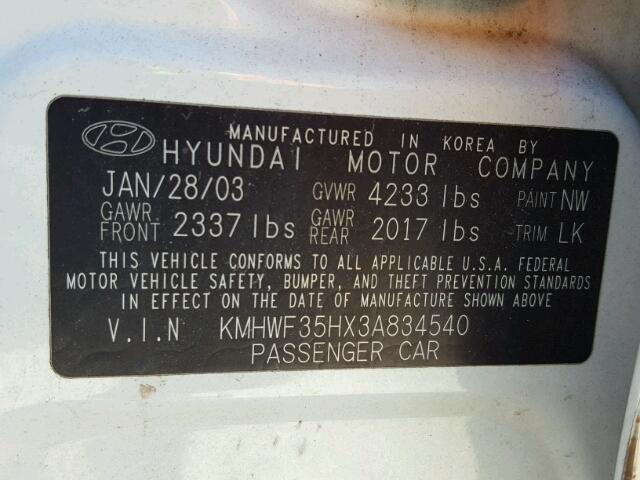 KMHWF35HX3A834540 - 2003 HYUNDAI SONATA GLS WHITE photo 10