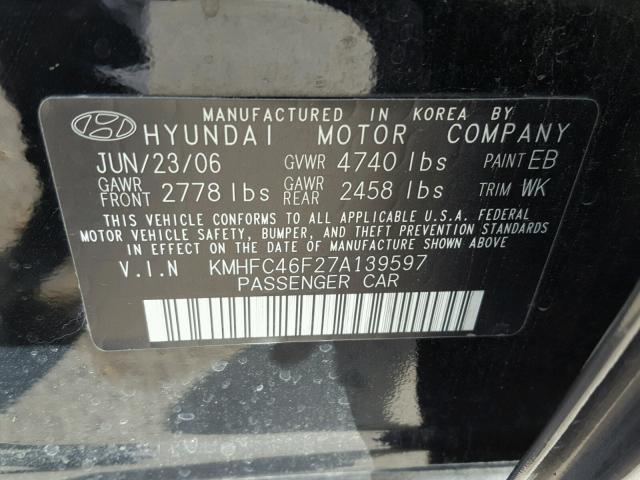 KMHFC46F27A139597 - 2007 HYUNDAI AZERA SE BLACK photo 10