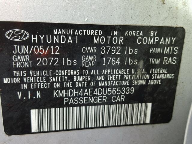 KMHDH4AE4DU565339 - 2013 HYUNDAI ELANTRA GL SILVER photo 10