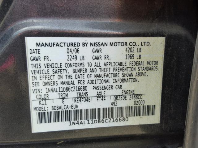 1N4AL11D86C216680 - 2006 NISSAN ALTIMA S GRAY photo 10