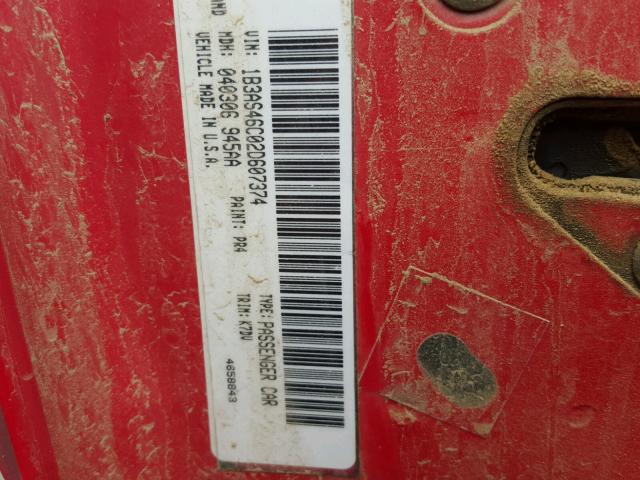 1B3AS46C02D607374 - 2002 DODGE NEON SE RED photo 10