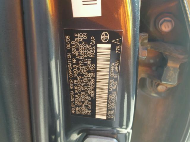 JTDBT923881281756 - 2008 TOYOTA YARIS GRAY photo 10