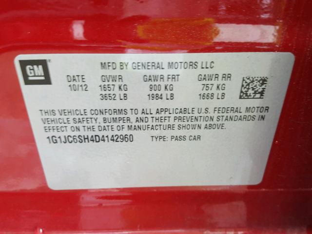 1G1JC6SH4D4142960 - 2013 CHEVROLET SONIC LT RED photo 10