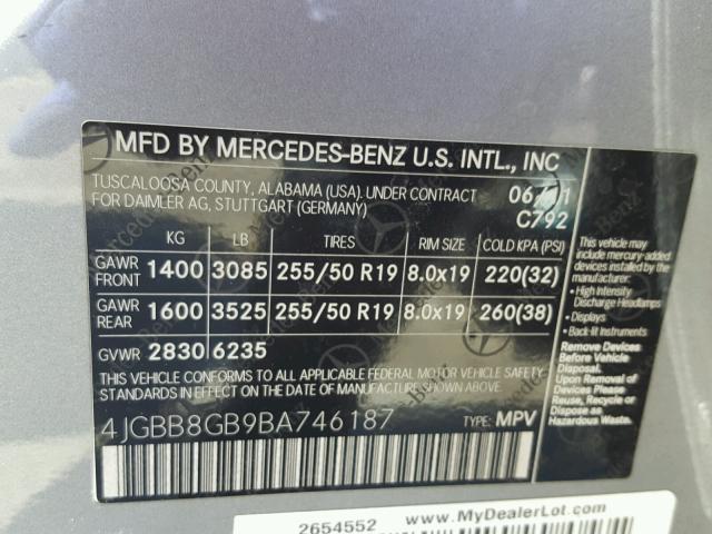 4JGBB8GB9BA746187 - 2011 MERCEDES-BENZ ML 350 4MA SILVER photo 10