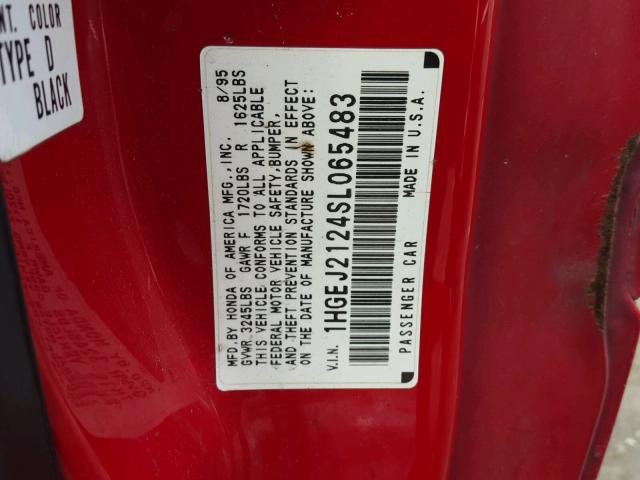 1HGEJ2124SL065483 - 1995 HONDA CIVIC DX RED photo 10