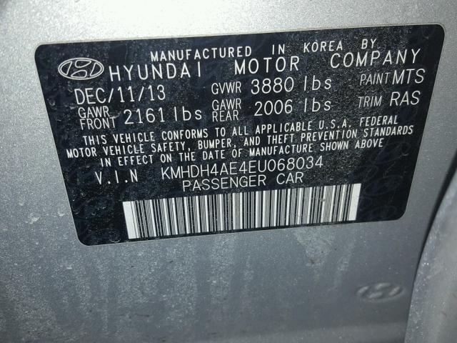 KMHDH4AE4EU068034 - 2014 HYUNDAI ELANTRA SE SILVER photo 10