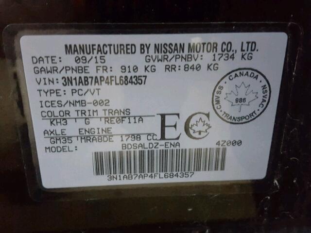 3N1AB7AP4FL684357 - 2015 NISSAN SENTRA S BLACK photo 10