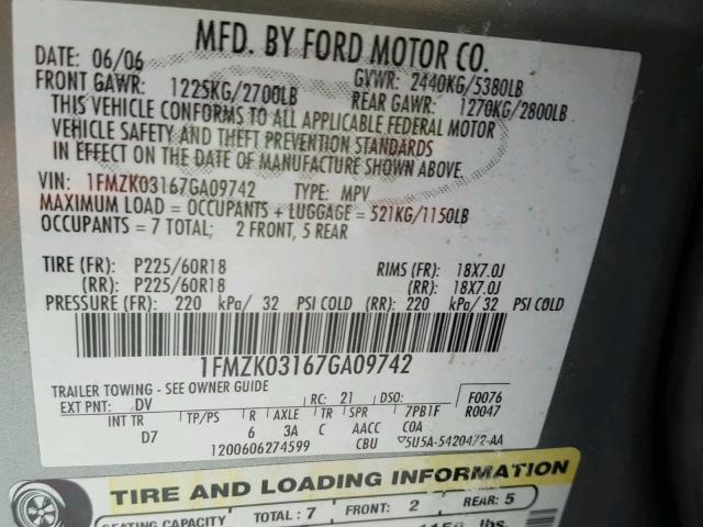 1FMZK03167GA09742 - 2007 FORD FREESTYLE GREEN photo 10