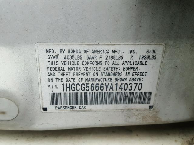 1HGCG5666YA140370 - 2000 HONDA ACCORD EX WHITE photo 10