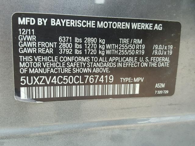 5UXZV4C50CL767419 - 2012 BMW X5 XDRIVE3 GRAY photo 10