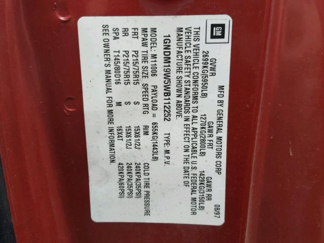 1GNDM19W5WB112252 - 1998 CHEVROLET ASTRO RED photo 10