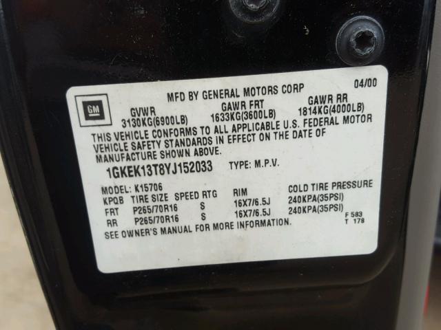 1GKEK13T8YJ152033 - 2000 GMC YUKON BLACK photo 10