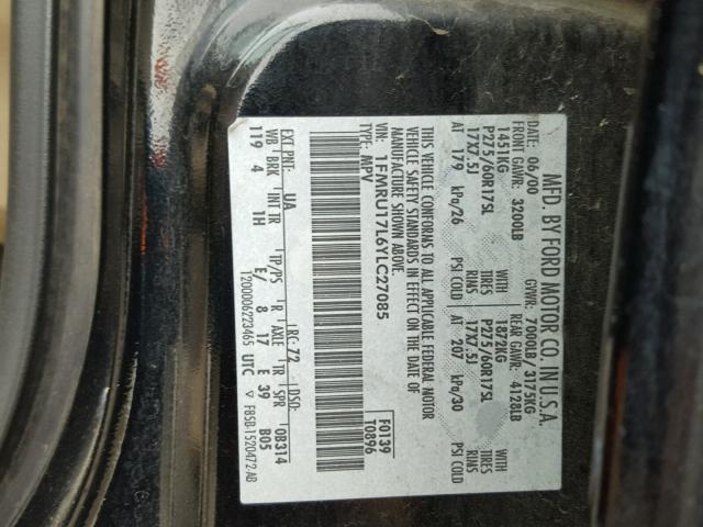 1FMRU17L6YLC27085 - 2000 FORD EXPEDITION BLACK photo 10