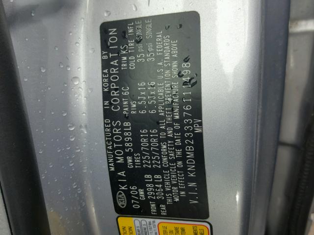 KNDMB233376111498 - 2007 KIA SEDONA EX SILVER photo 10