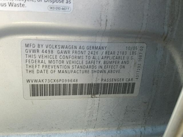 WVWAK73CX6P099648 - 2006 VOLKSWAGEN PASSAT 2.0 SILVER photo 10