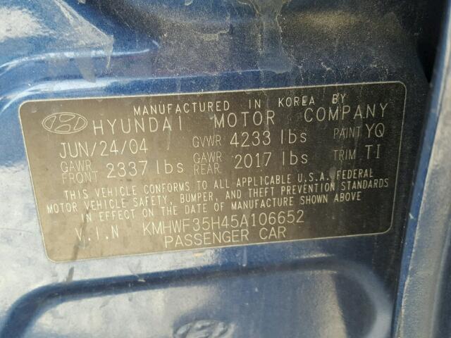 KMHWF35H45A106652 - 2005 HYUNDAI SONATA GLS BLUE photo 10