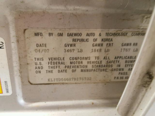 KL1TD56687B176732 - 2007 CHEVROLET AVEO BASE Srebrny zdjęcie 10