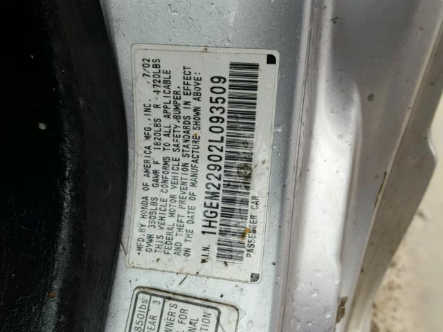 1HGEM22902L093509 - 2002 HONDA CIVIC EX ვერცხლისფერი ფოტო 10