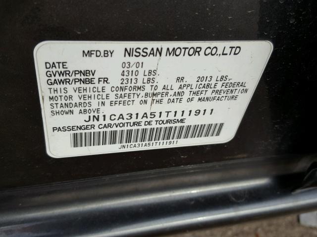 JN1CA31A51T111911 - 2001 NISSAN MAXIMA GXE CHARCOAL photo 10