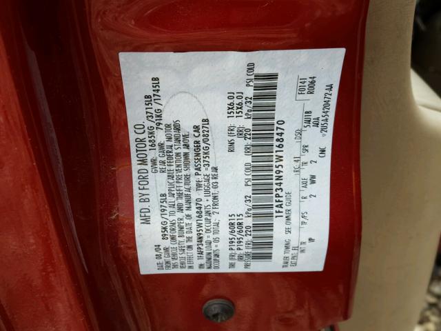 1FAFP34N95W168470 - 2005 FORD FOCUS ZX4 RED photo 10