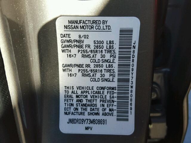 JN8DR09Y73W808691 - 2003 NISSAN PATHFINDER GRAY photo 10