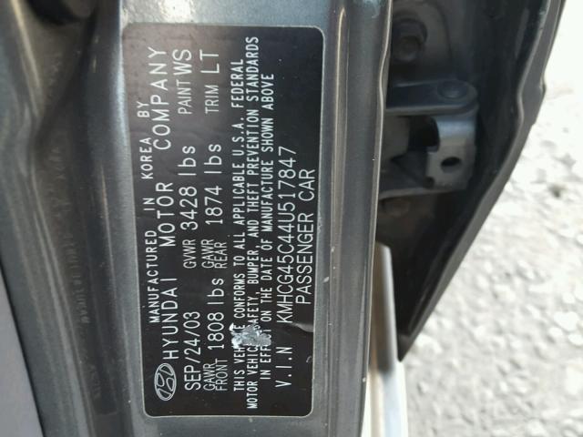 KMHCG45C44U517847 - 2004 HYUNDAI ACCENT GL GRAY photo 10