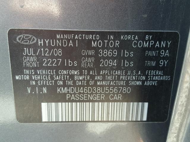 KMHDU46D38U556780 - 2008 HYUNDAI ELANTRA GL GRAY photo 10