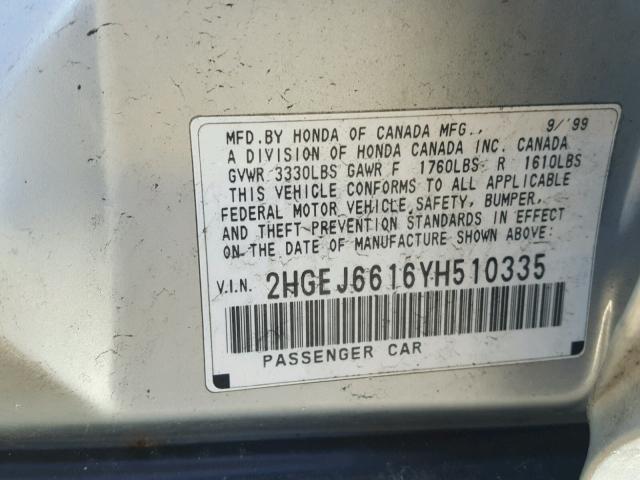 2HGEJ6616YH510335 - 2000 HONDA CIVIC BASE Gümüş foto 10