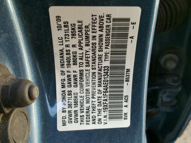 19XFA1F64AE013433 - 2010 HONDA CIVIC BLUE photo 10