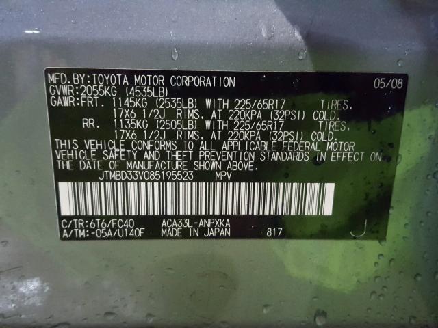 JTMBD33V085195523 - 2008 TOYOTA RAV4 GREEN photo 10