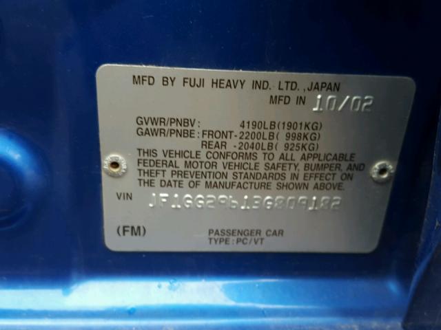 JF1GG29613G809182 - 2003 SUBARU IMPREZA WR BLUE photo 10