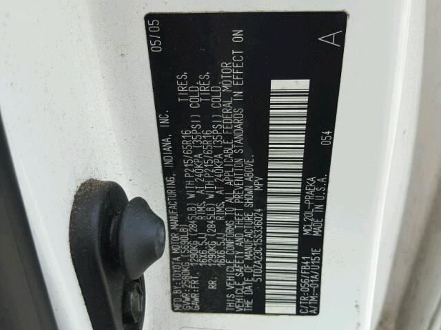 5TDZA23C15S336024 - 2005 TOYOTA SIENNA CE WHITE photo 10