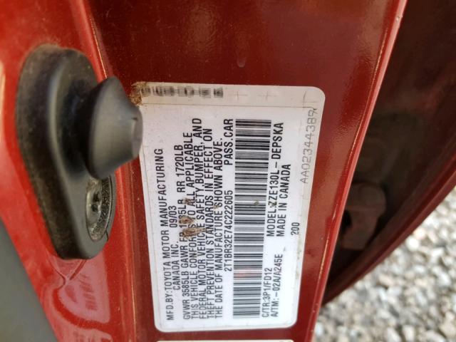 2T1BR32E74C222605 - 2004 TOYOTA COROLLA RED photo 10