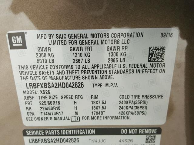 LRBFXBSA2HD042826 - 2017 BUICK ENVISION E BROWN photo 10