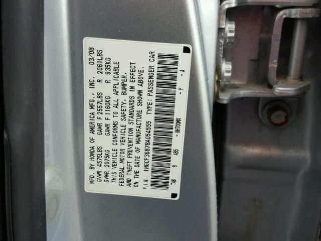 1HGCP36878A054555 - 2008 HONDA ACCORD EXL SILVER photo 10