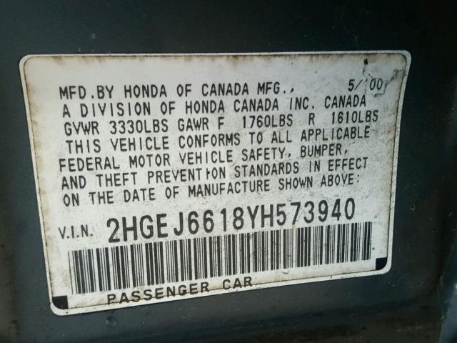 2HGEJ6618YH573940 - 2000 HONDA CIVIC BASE BLUE photo 10