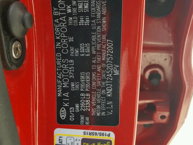 KNDJT2A52D7572007 - 2013 KIA SOUL RED photo 10