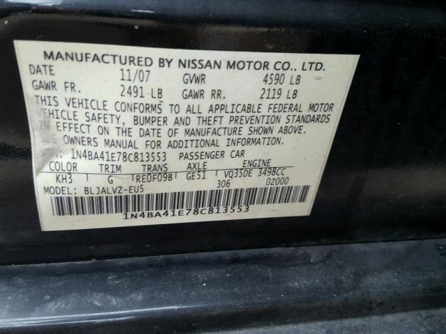 1N4BA41E78C813553 - 2008 NISSAN MAXIMA SE BLACK photo 10