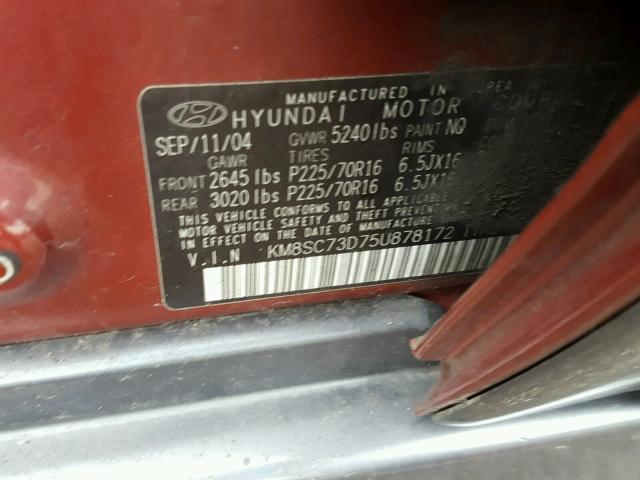 KM8SC73D75U878172 - 2005 HYUNDAI SANTA FE G RED photo 10