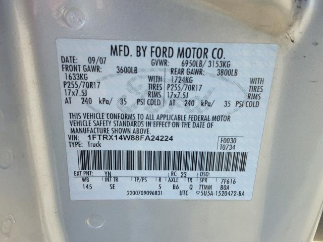 1FTRX14W88FA24224 - 2008 FORD F150 GRAY photo 10