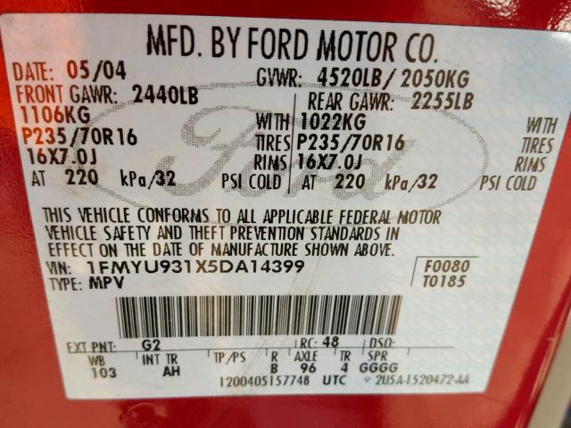 1FMYU931X5DA14399 - 2005 FORD ESCAPE XLT RED photo 10