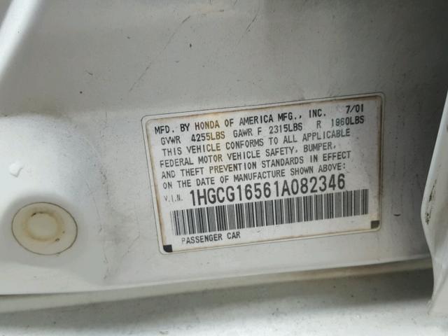 1HGCG16561A082346 - 2001 HONDA ACCORD EX WHITE photo 10