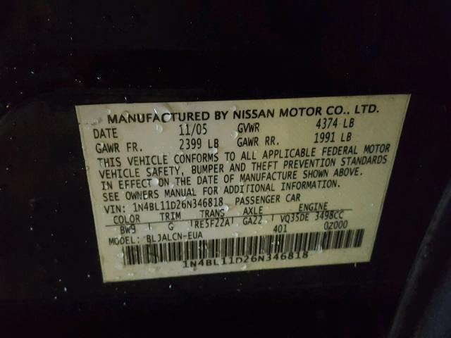 1N4BL11D26N346818 - 2006 NISSAN ALTIMA SE BLUE photo 10