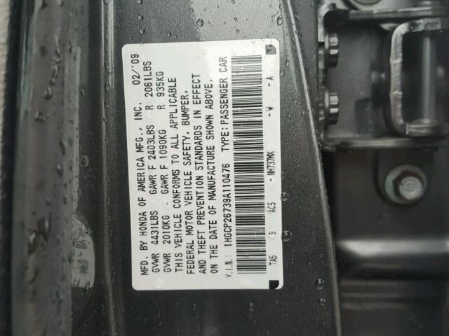 1HGCP26739A110476 - 2009 HONDA ACCORD EX GRAY photo 10