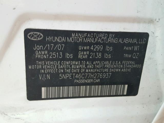 5NPET46C77H276937 - 2007 HYUNDAI SONATA GLS WHITE photo 10