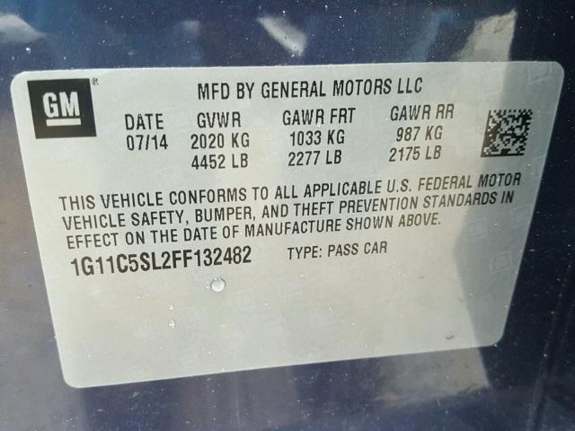 1G11C5SL2FF132482 - 2015 CHEVROLET MALIBU 1LT 蓝色 照片 10