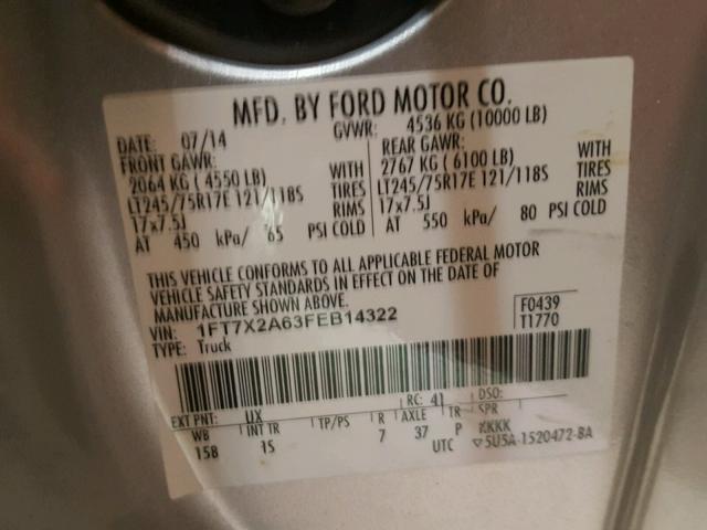 1FT7X2A63FEB14322 - 2015 FORD F250 SUPER SILVER photo 10